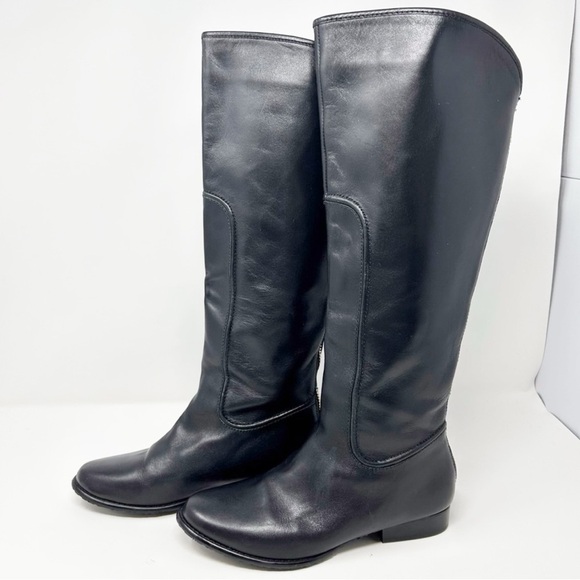 Elaine Turner Tall Black Leather Knee High Gold Tone Back Zipper Boots Size 6.5 - Picture 1 of 14